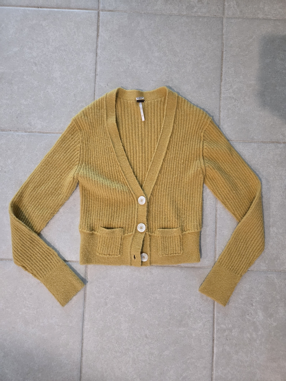 Free People Cropped Ribbed V-Neck Cardigan Sweater - Mustard